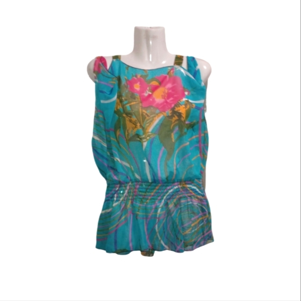 Floral Sleeveless Top with Pink and Blue Design